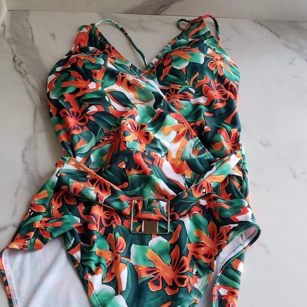 Grace Karin Halter One Piece Swimsuit Deep V Neck Green & Red Floral Pattern S